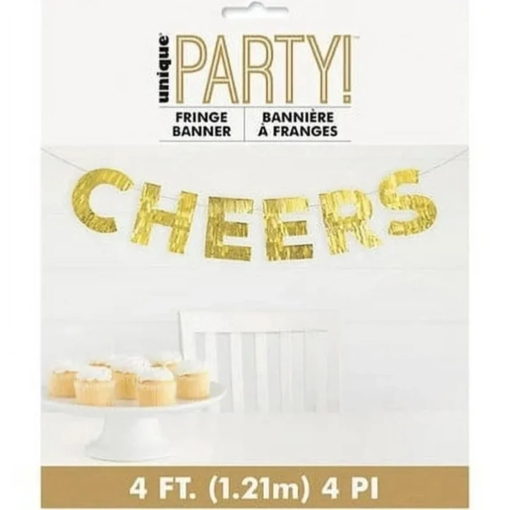 CHEERS Fringe Banner New Year's Christmas Gold Foil Metallic Party Deco 4 ft